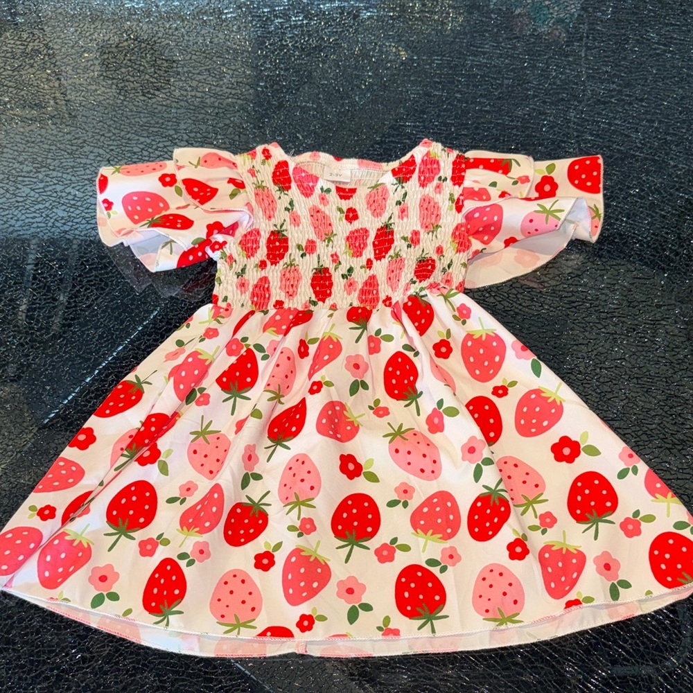 Girls Pink & Red Strawberry Print Dress